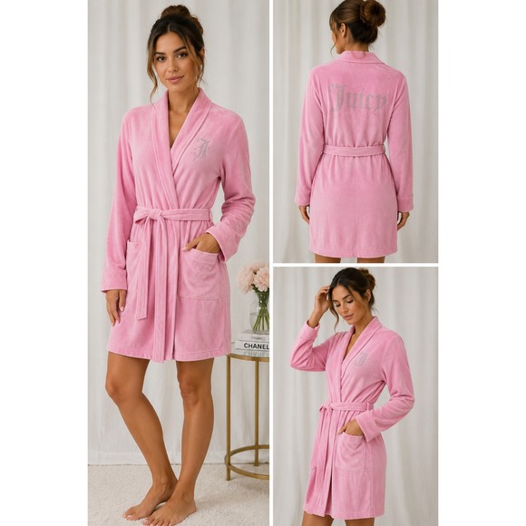 Juicy Couture Other - Juicy Couture Pink Velour Rhinestone Logo Robe Y2K Sleepwear S/M